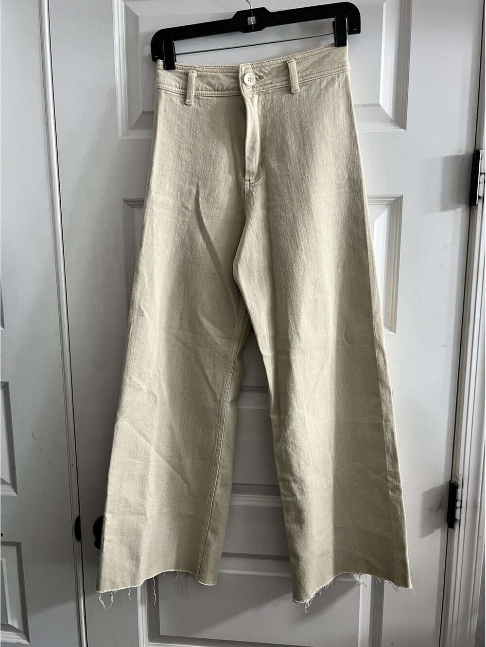 Miou Muse High Rise Raw Hem Crop Wide Leg Pants Cream MMP623 Sz S